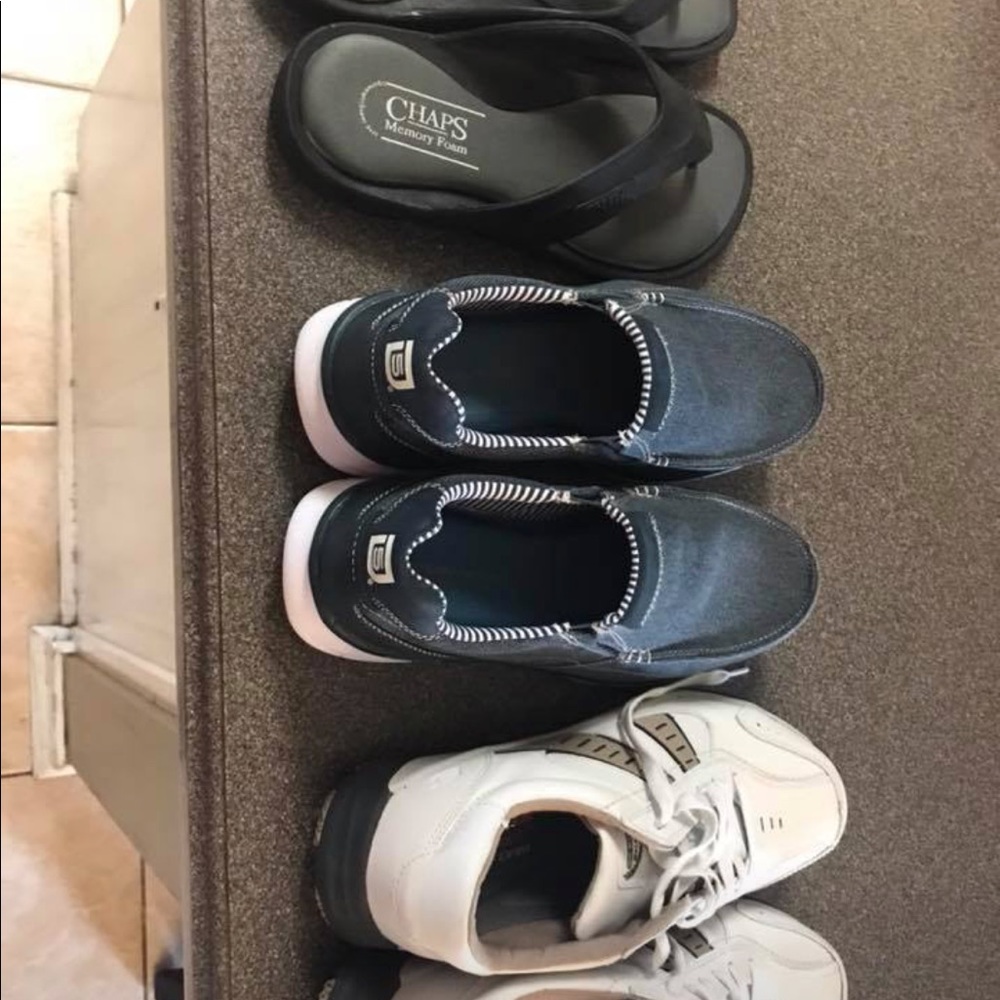 Skechers tennis shoes and loafers, chaps sandals.
